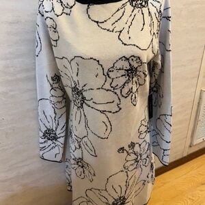 Tahari Cream and Black Long Sleeve Floral Sweater Dress